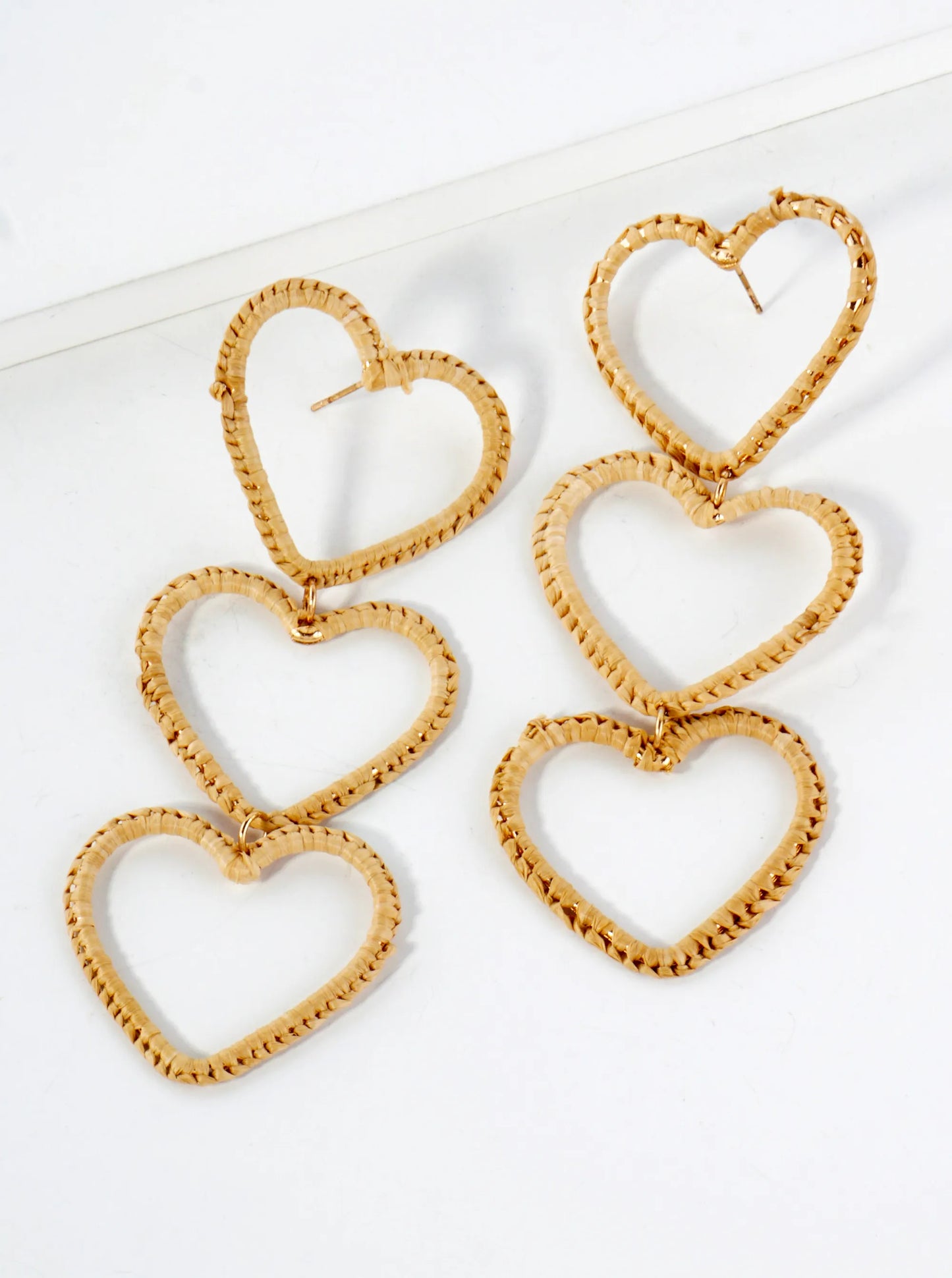 Raffia Wrapped Three Heart Drop Statement Earrings