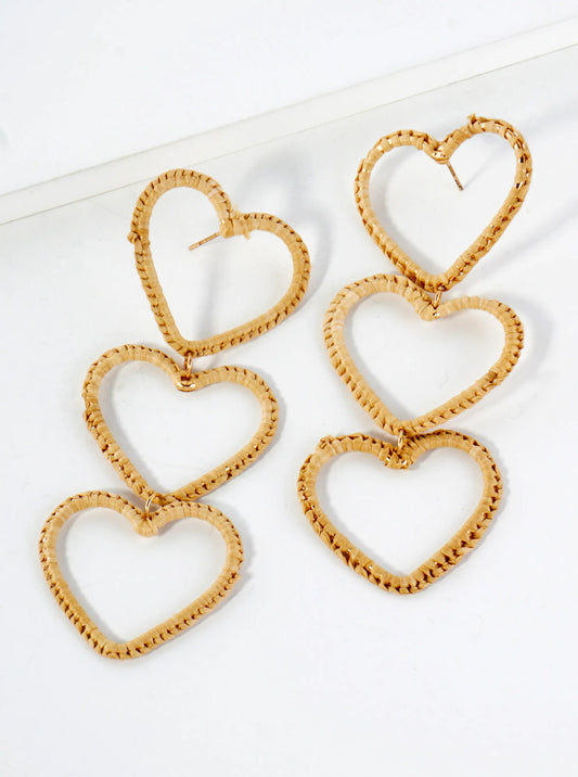 Raffia Wrapped Three Heart Drop Statement Earrings