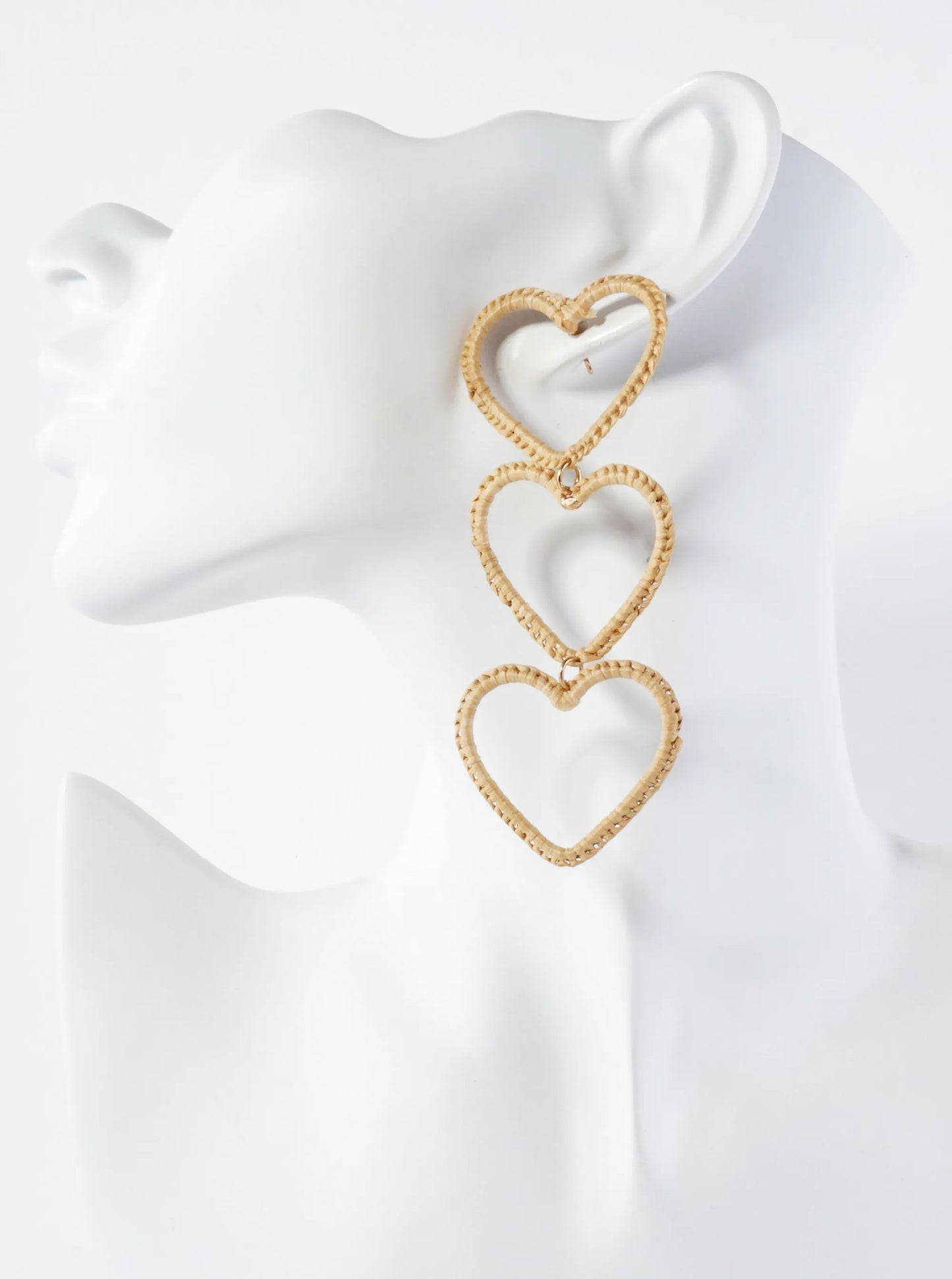 Raffia Wrapped Three Heart Drop Statement Earrings