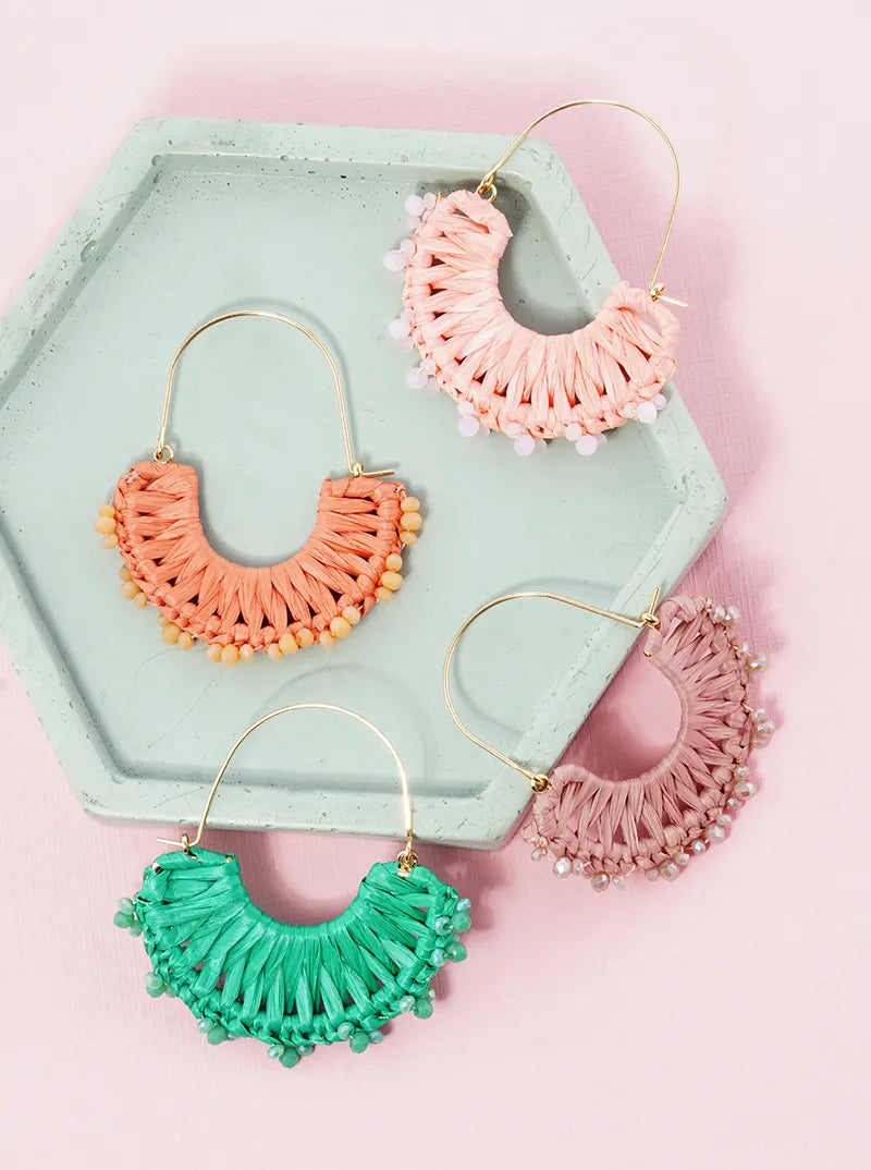 Raffia Wrapped With Glass Beads Dangle Earrings