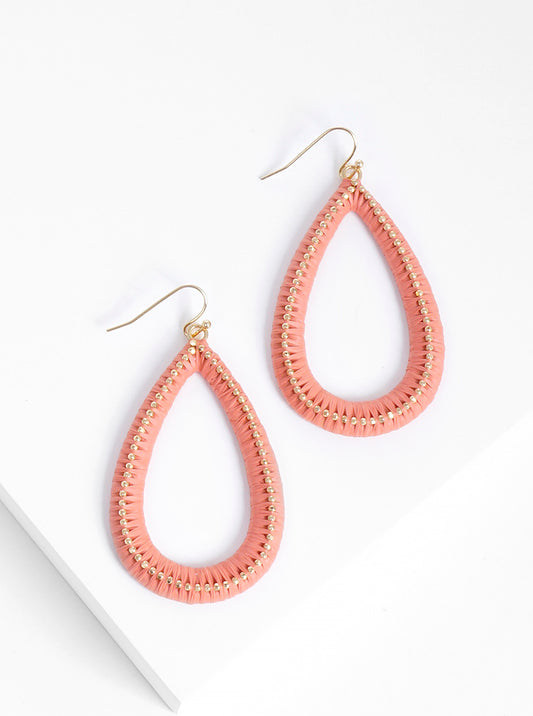 Raffia Wrapped Ball Point Teardrop Earrings