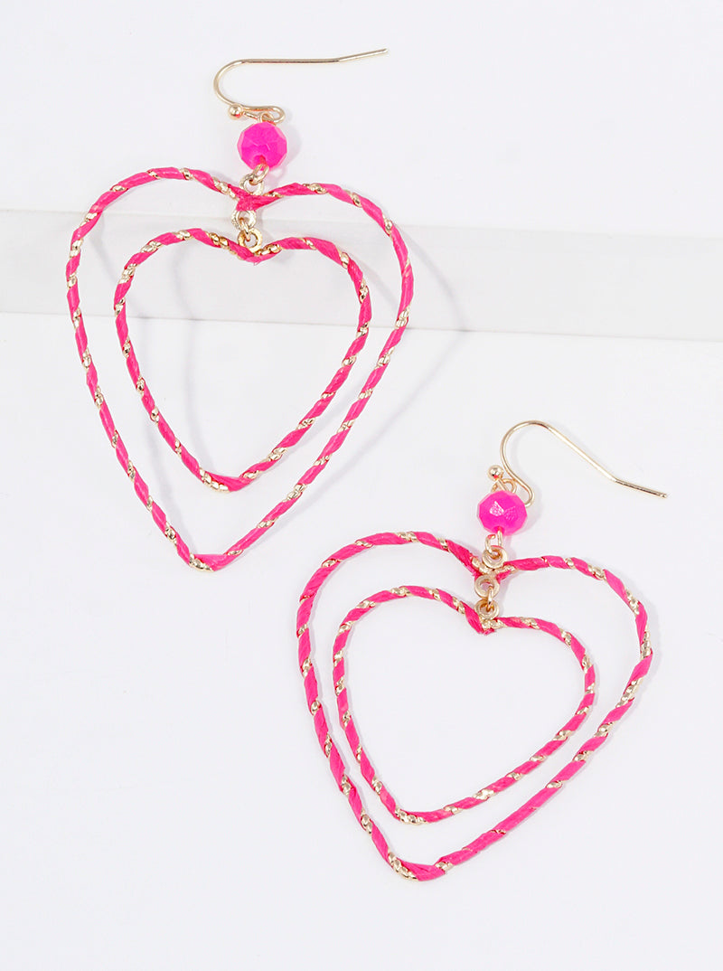 Raffia Wrapped Linear Double Heart Dangle Drop Earrings