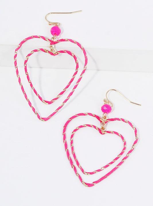 Raffia Wrapped Linear Double Heart Dangle Drop Earrings
