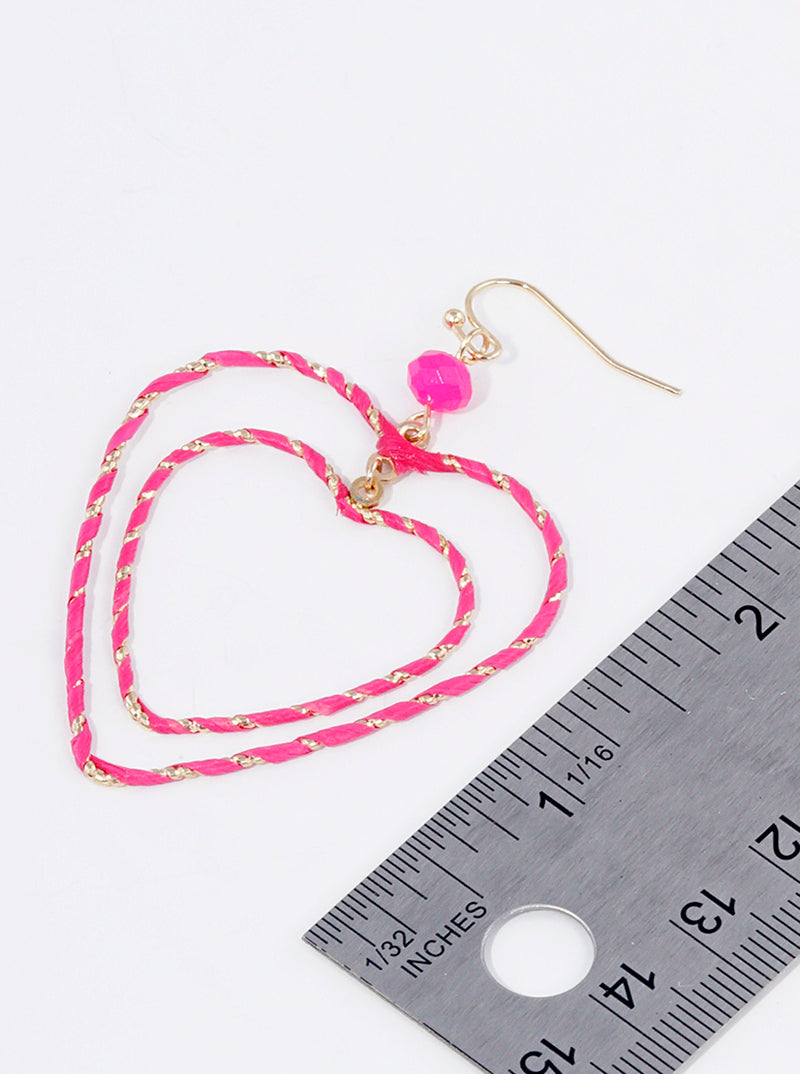 Raffia Wrapped Linear Double Heart Dangle Drop Earrings