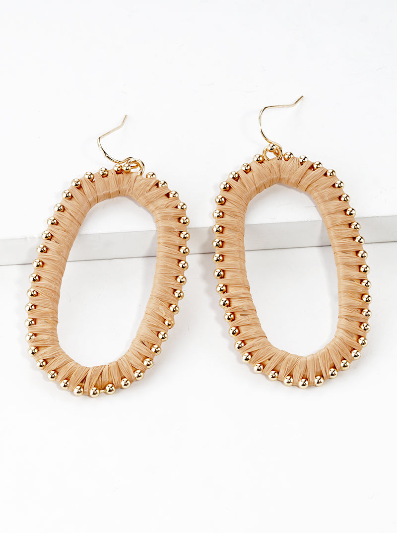 Raffia Wrapped Rounded Long Hexagon Dangle Drop Earrings