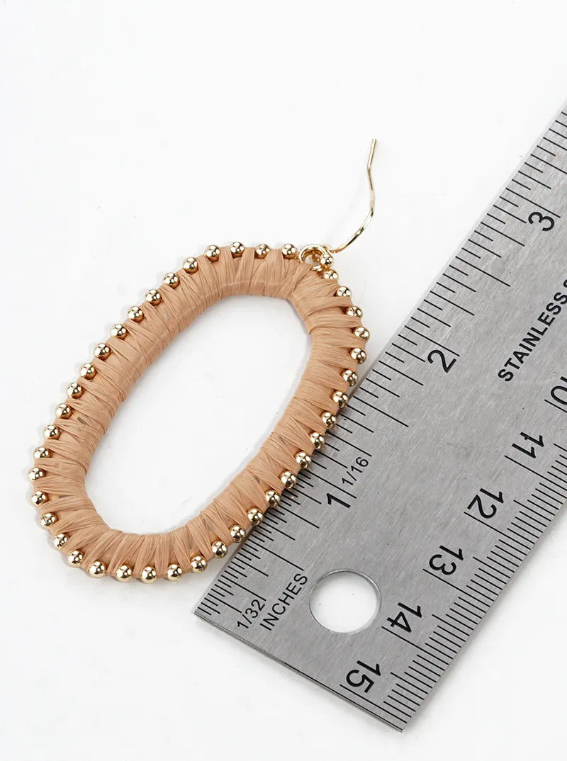 Raffia Wrapped Rounded Long Hexagon Dangle Drop Earrings