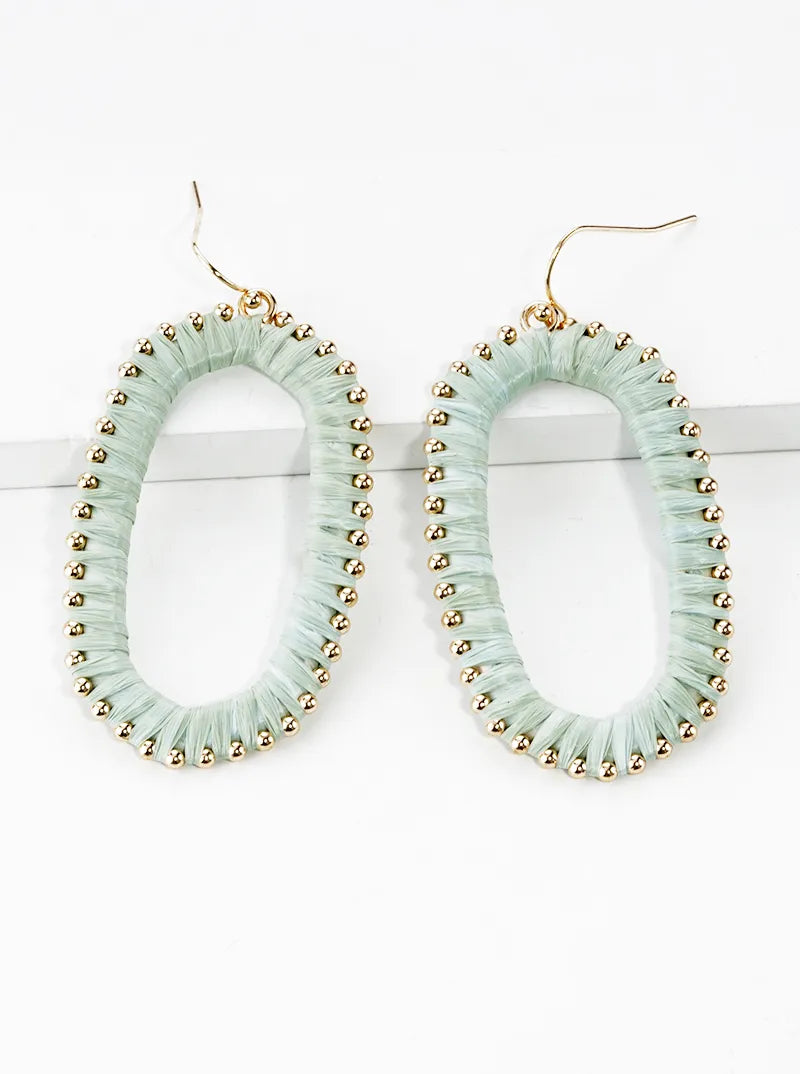 Raffia Wrapped Rounded Long Hexagon Dangle Drop Earrings