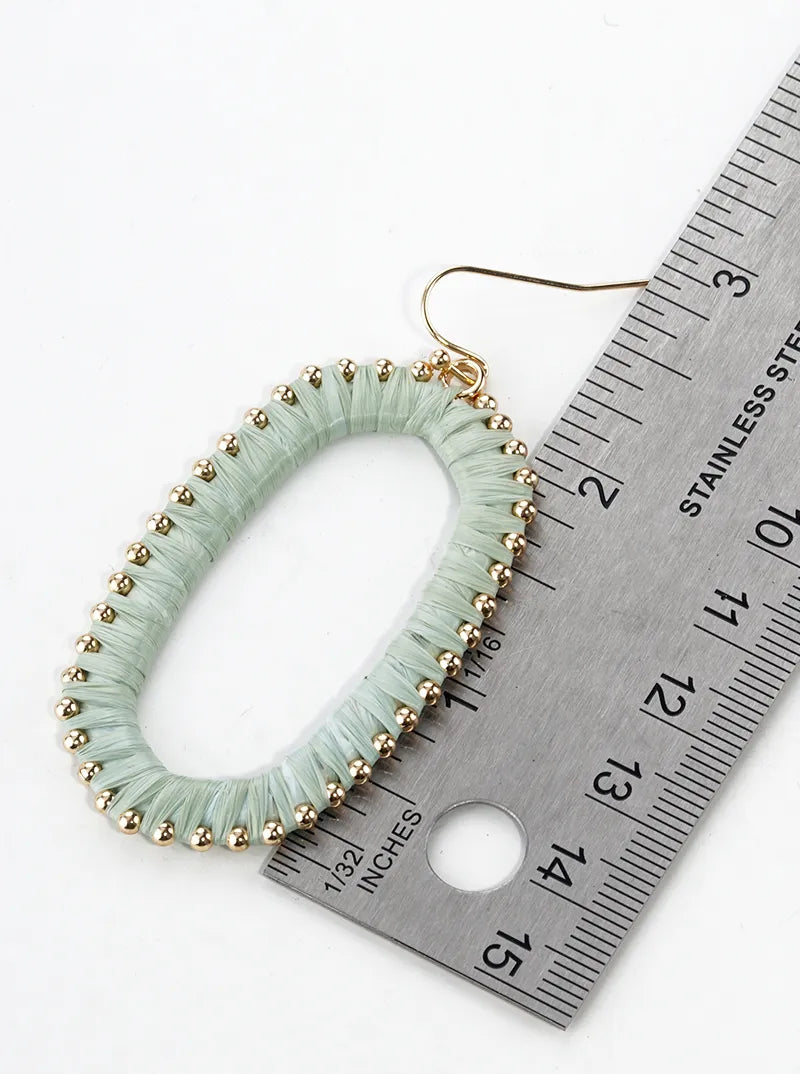 Raffia Wrapped Rounded Long Hexagon Dangle Drop Earrings