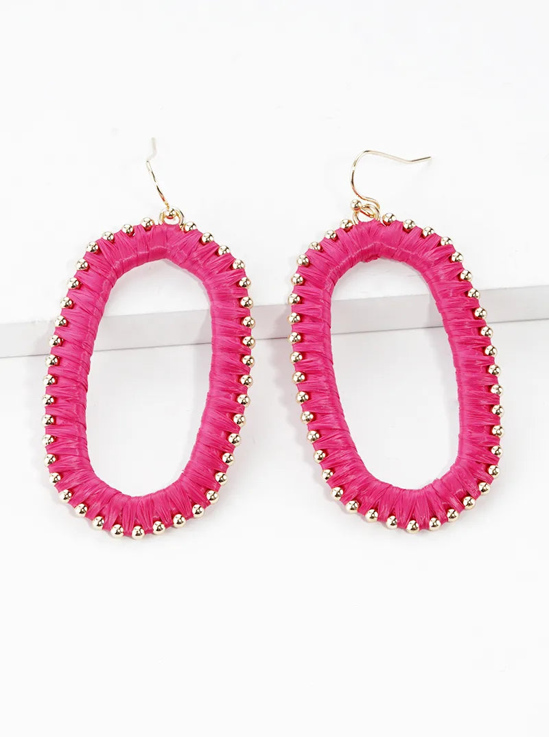 Raffia Wrapped Rounded Long Hexagon Dangle Drop Earrings