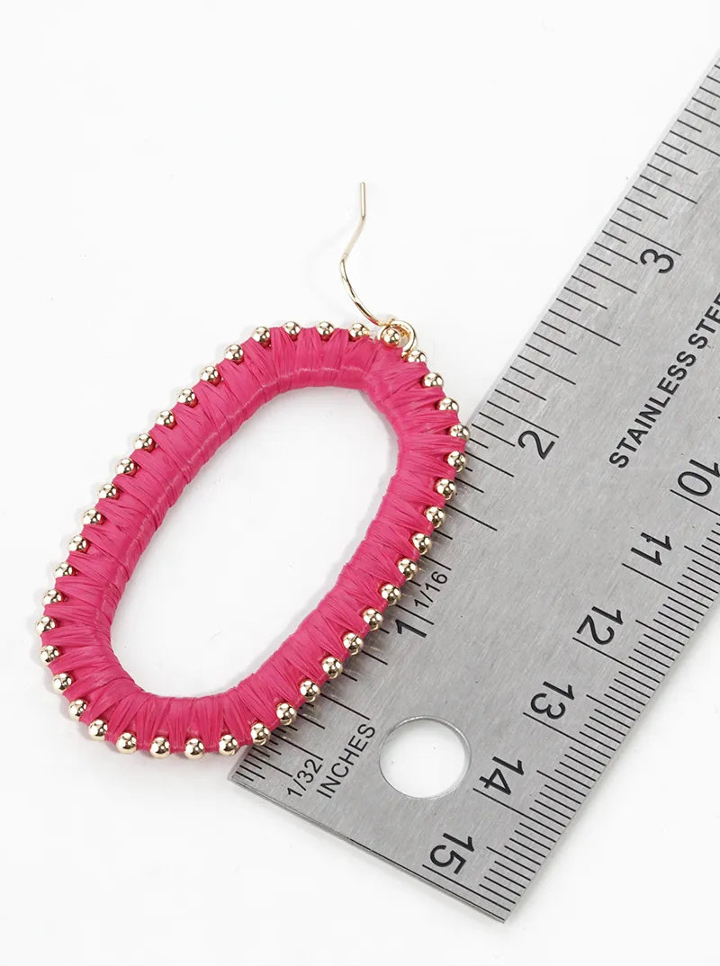 Raffia Wrapped Rounded Long Hexagon Dangle Drop Earrings