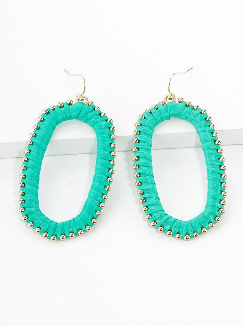Raffia Wrapped Rounded Long Hexagon Dangle Drop Earrings