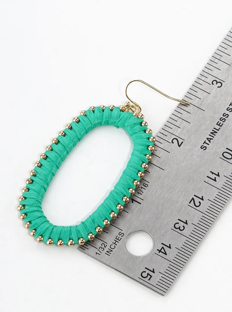 Raffia Wrapped Rounded Long Hexagon Dangle Drop Earrings