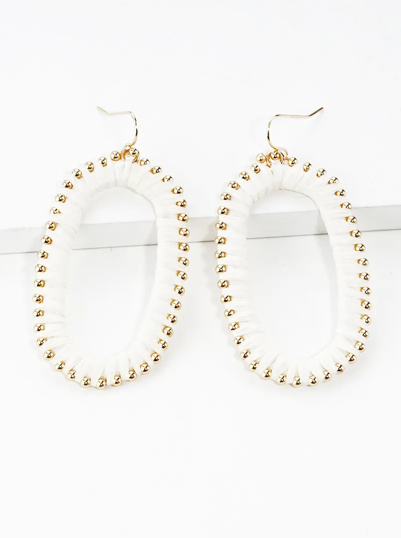 Raffia Wrapped Rounded Long Hexagon Dangle Drop Earrings