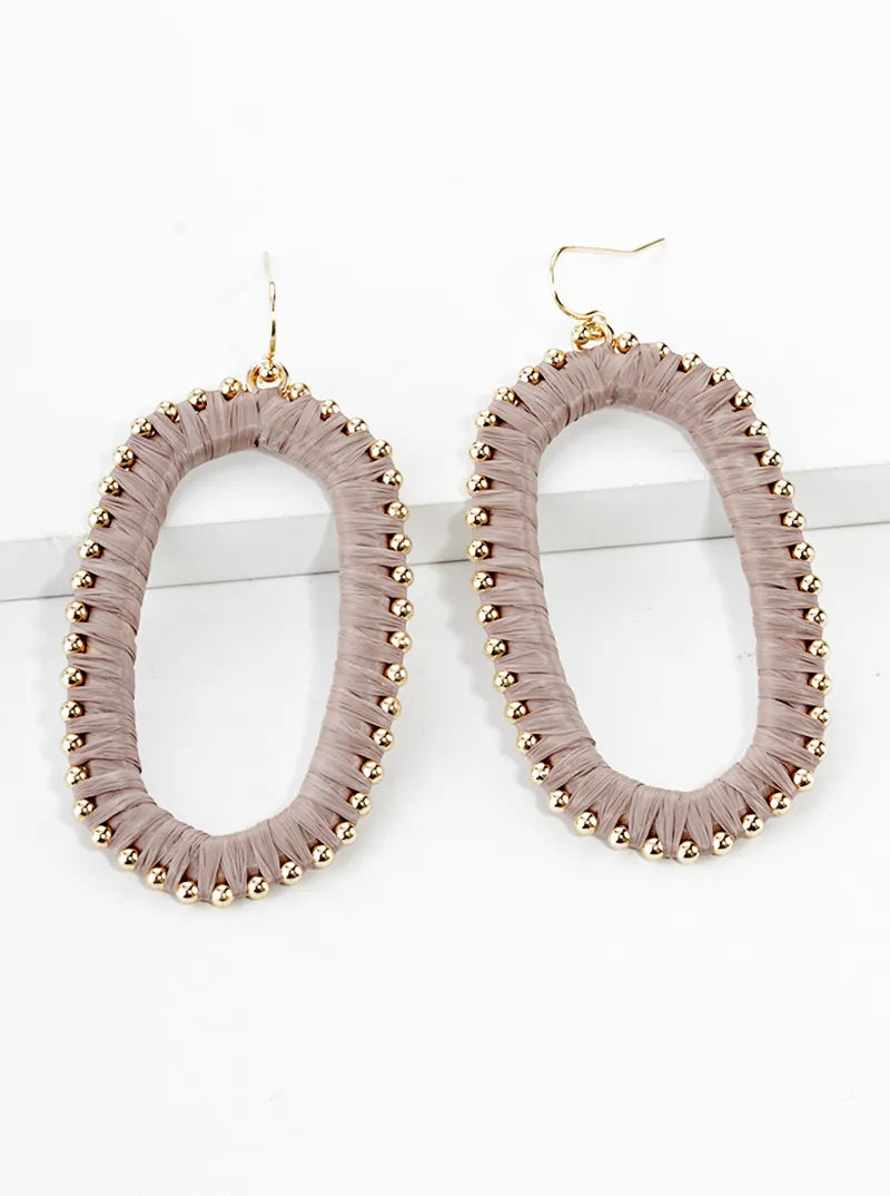 Raffia Wrapped Rounded Long Hexagon Dangle Drop Earrings