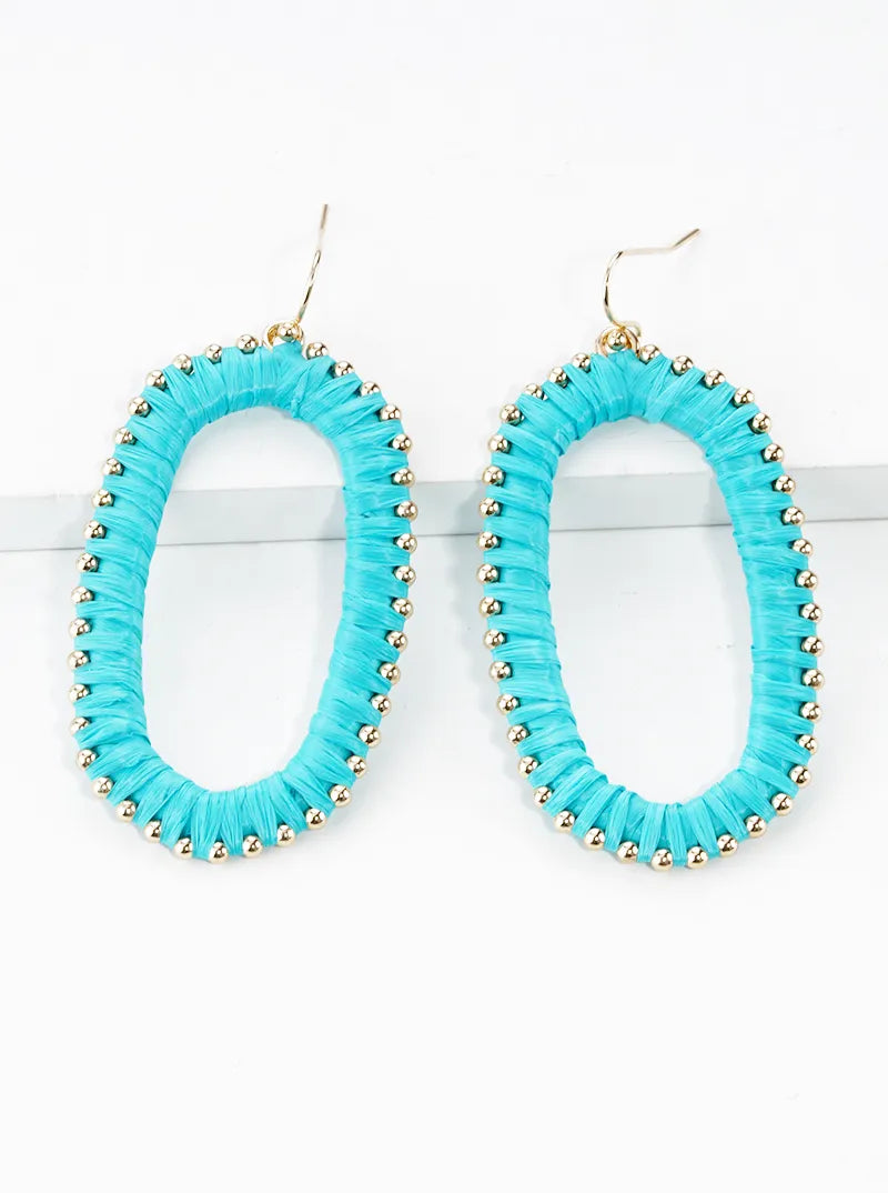 Raffia Wrapped Rounded Long Hexagon Dangle Drop Earrings
