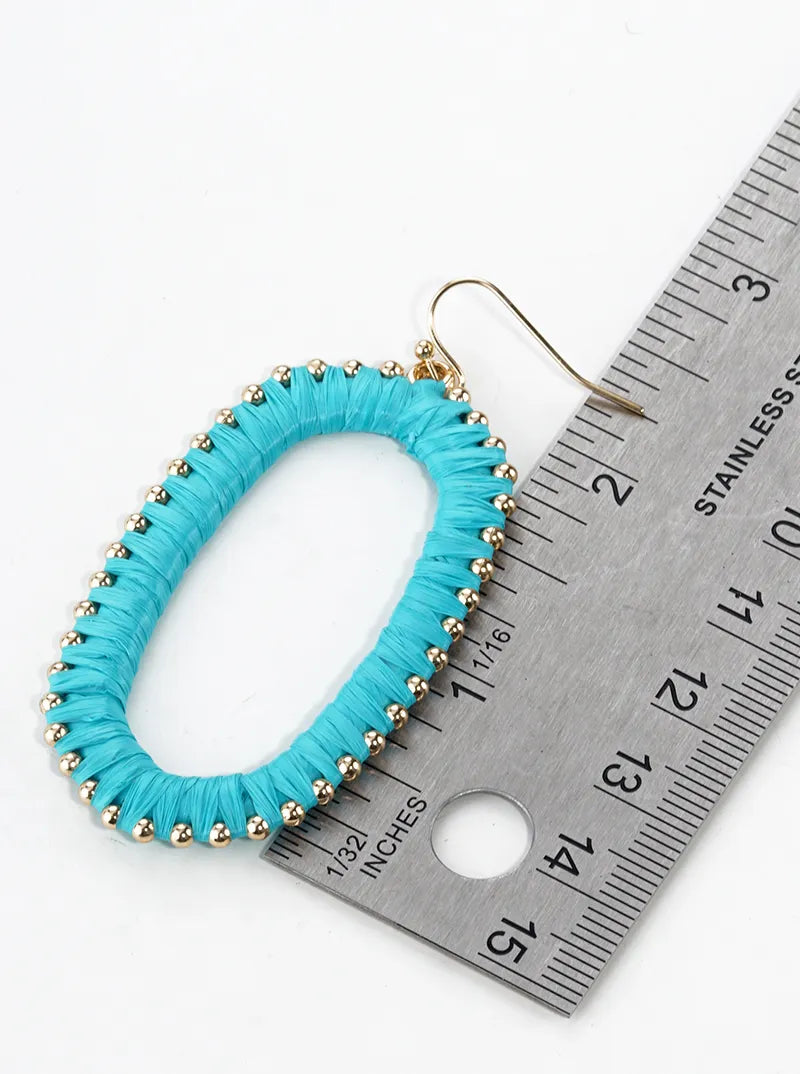 Raffia Wrapped Rounded Long Hexagon Dangle Drop Earrings