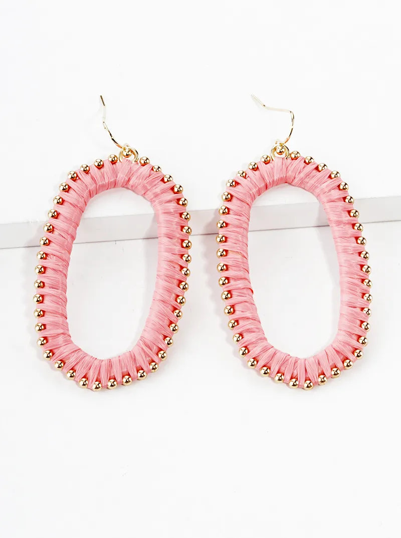 Raffia Wrapped Rounded Long Hexagon Dangle Drop Earrings