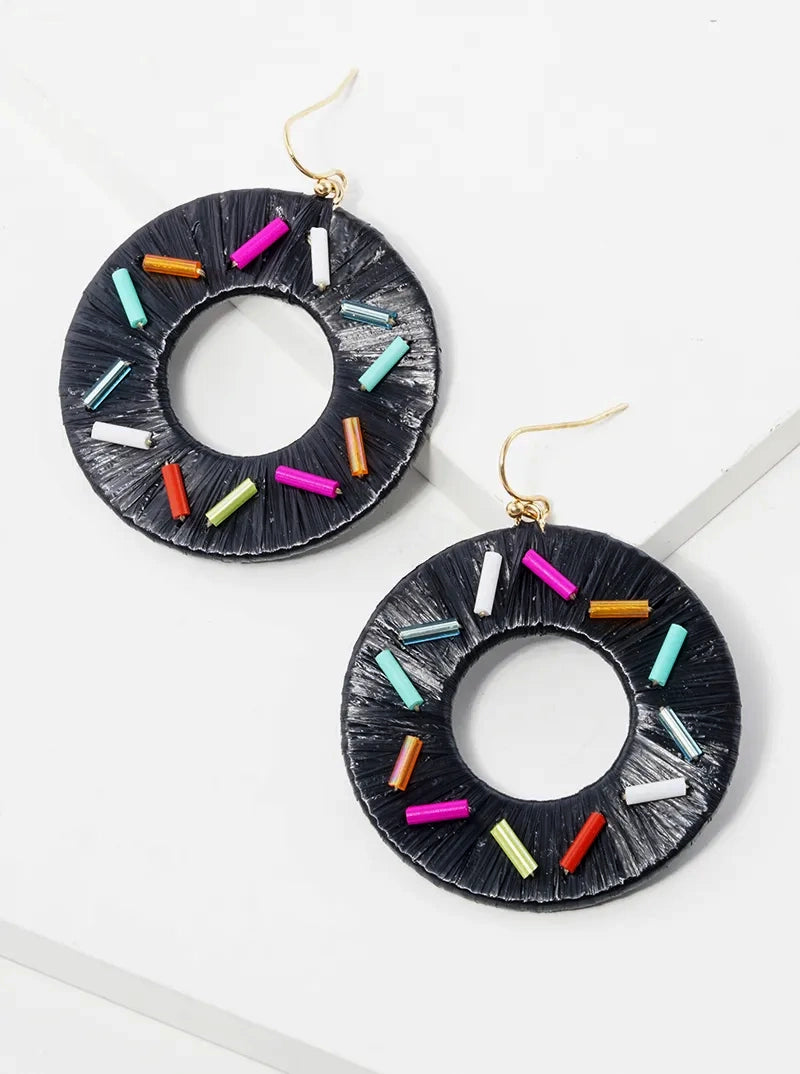 Raffia Wrapped Sprinkle Donut Dangle Drop Earrings