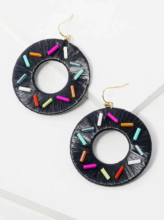 Raffia Wrapped Sprinkle Donut Dangle Drop Earrings
