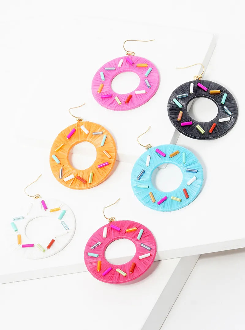 Raffia Wrapped Sprinkle Donut Dangle Drop Earrings