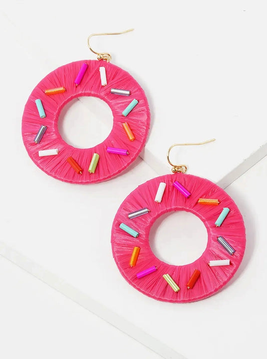 Raffia Wrapped Sprinkle Donut Dangle Drop Earrings