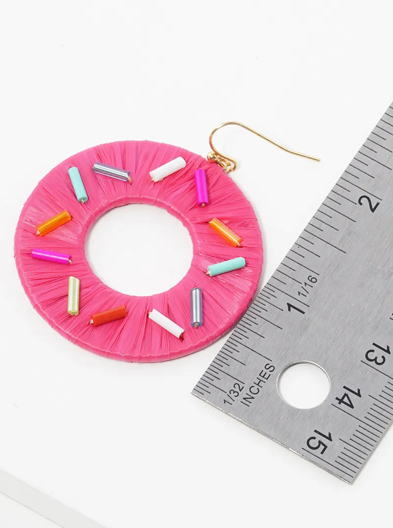 Raffia Wrapped Sprinkle Donut Dangle Drop Earrings