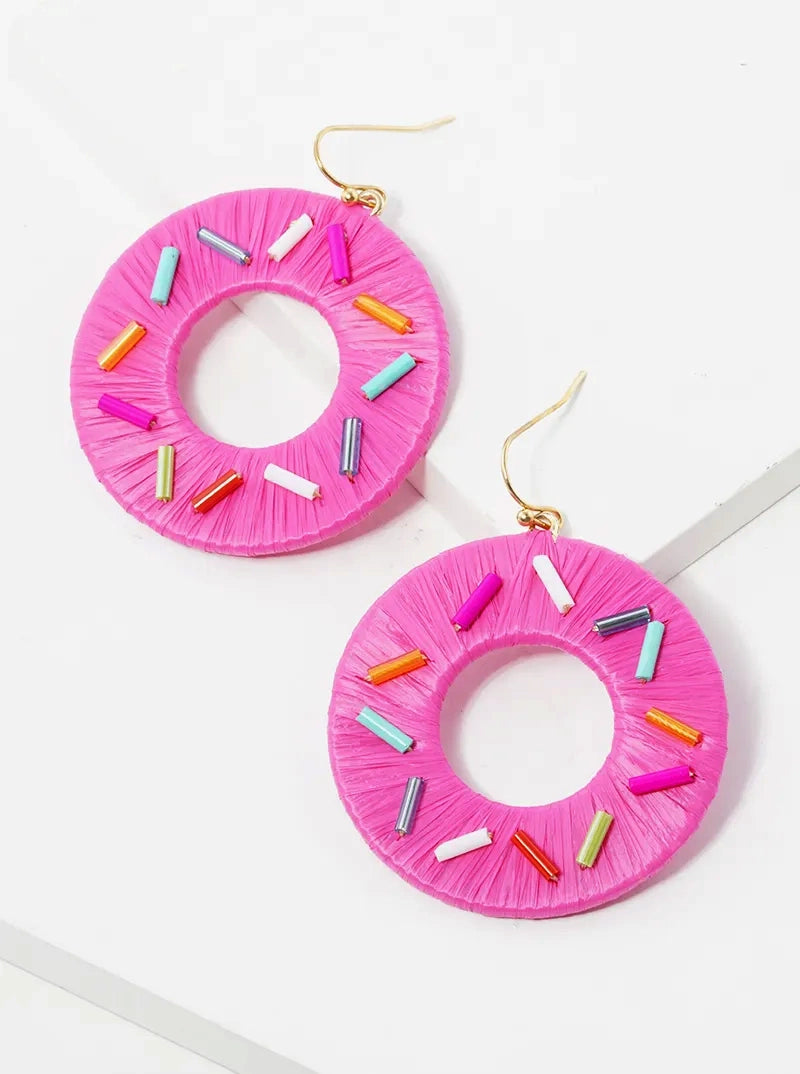 Raffia Wrapped Sprinkle Donut Dangle Drop Earrings