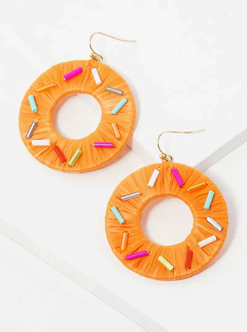Raffia Wrapped Sprinkle Donut Dangle Drop Earrings