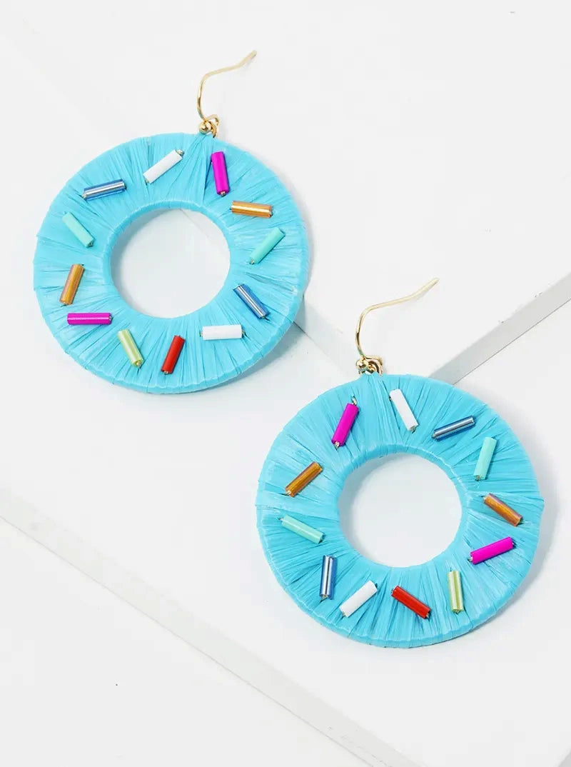 Raffia Wrapped Sprinkle Donut Dangle Drop Earrings