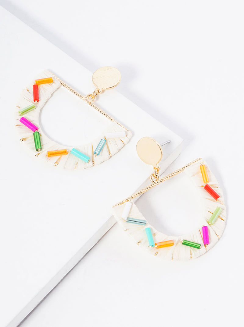 Raffia Wrapped Sprinkle Semi-circle Post Dangle Earrings