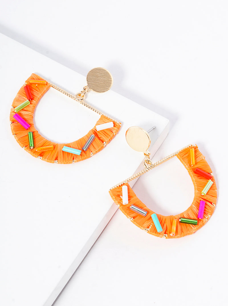 Raffia Wrapped Sprinkle Semi-circle Post Dangle Earrings