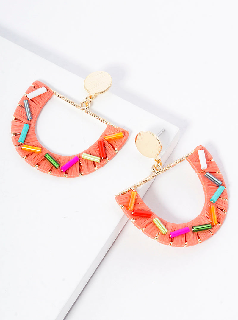 Raffia Wrapped Sprinkle Semi-circle Post Dangle Earrings