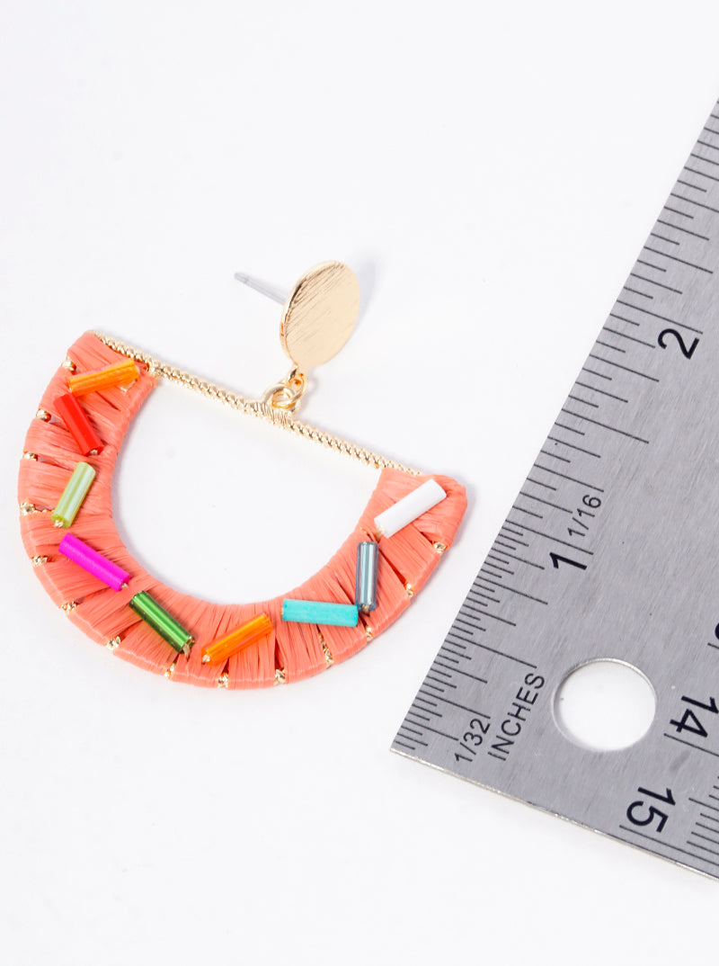 Raffia Wrapped Sprinkle Semi-circle Post Dangle Earrings