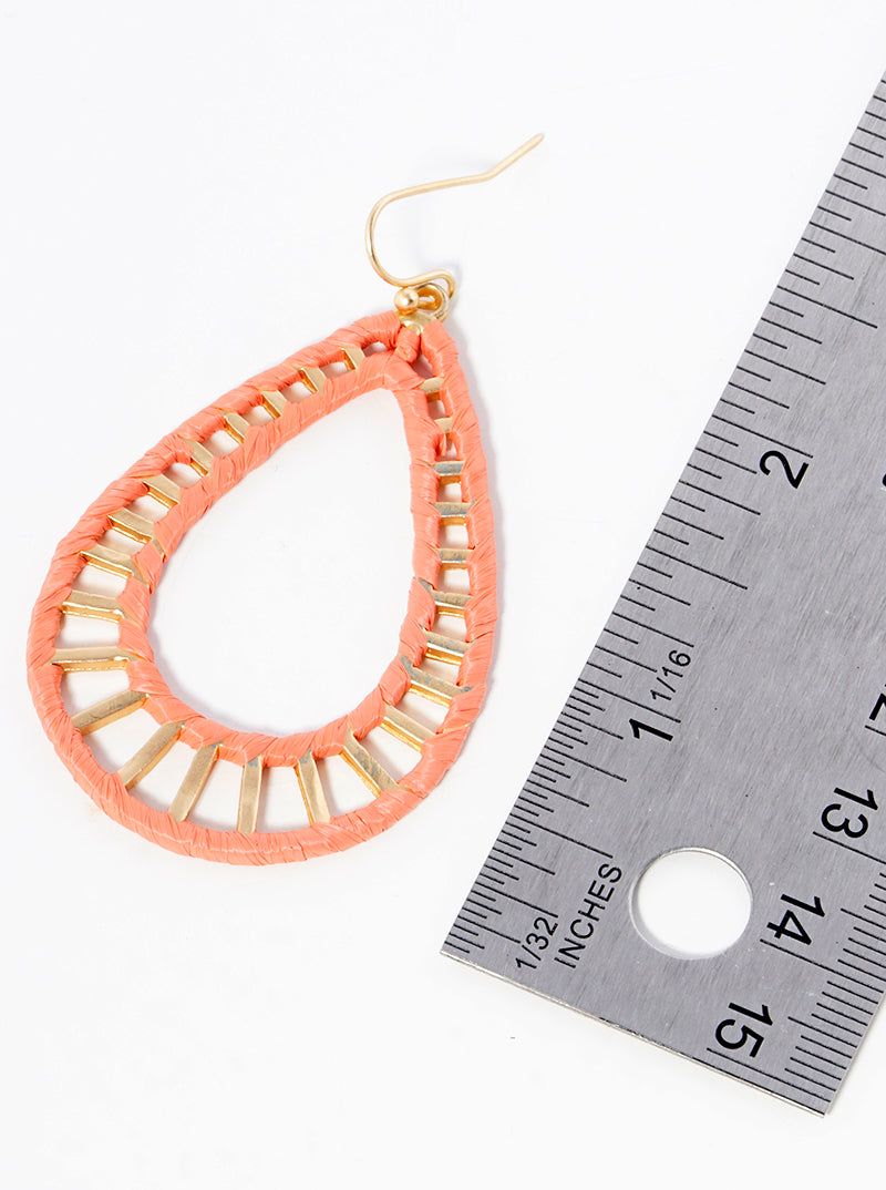 Raffia Wrapped Teardrop Dangle Drop Earrings Matte gold-Peach