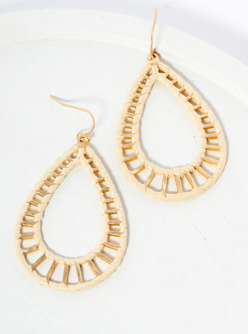 Raffia Wrapped Teardrop Dangle Drop Earrings Matte gold-Beige