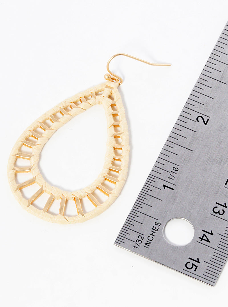 Raffia Wrapped Teardrop Dangle Drop Earrings Matte gold-Beige