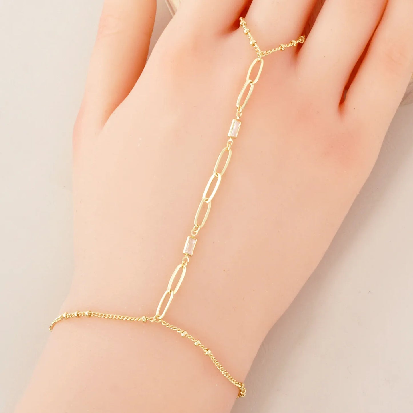 Rectangle CZ Accent 9mm Link Chain 18K-Gold-Dipped Delicate Brass Hand-Chain Bracelet
