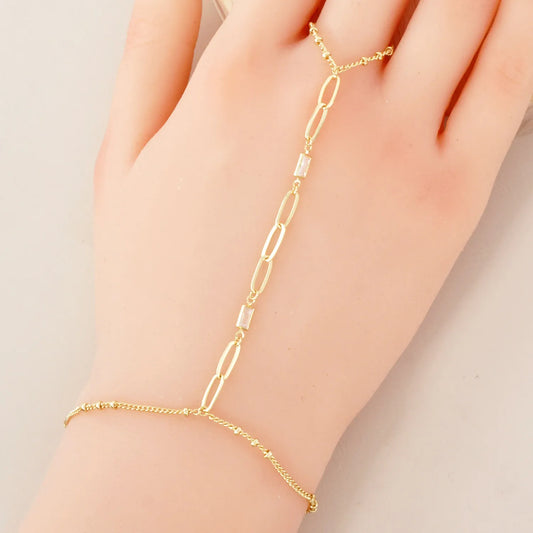 Rectangle CZ Accent 9mm Link Chain 18K-Gold-Dipped Delicate Brass Hand-Chain Bracelet