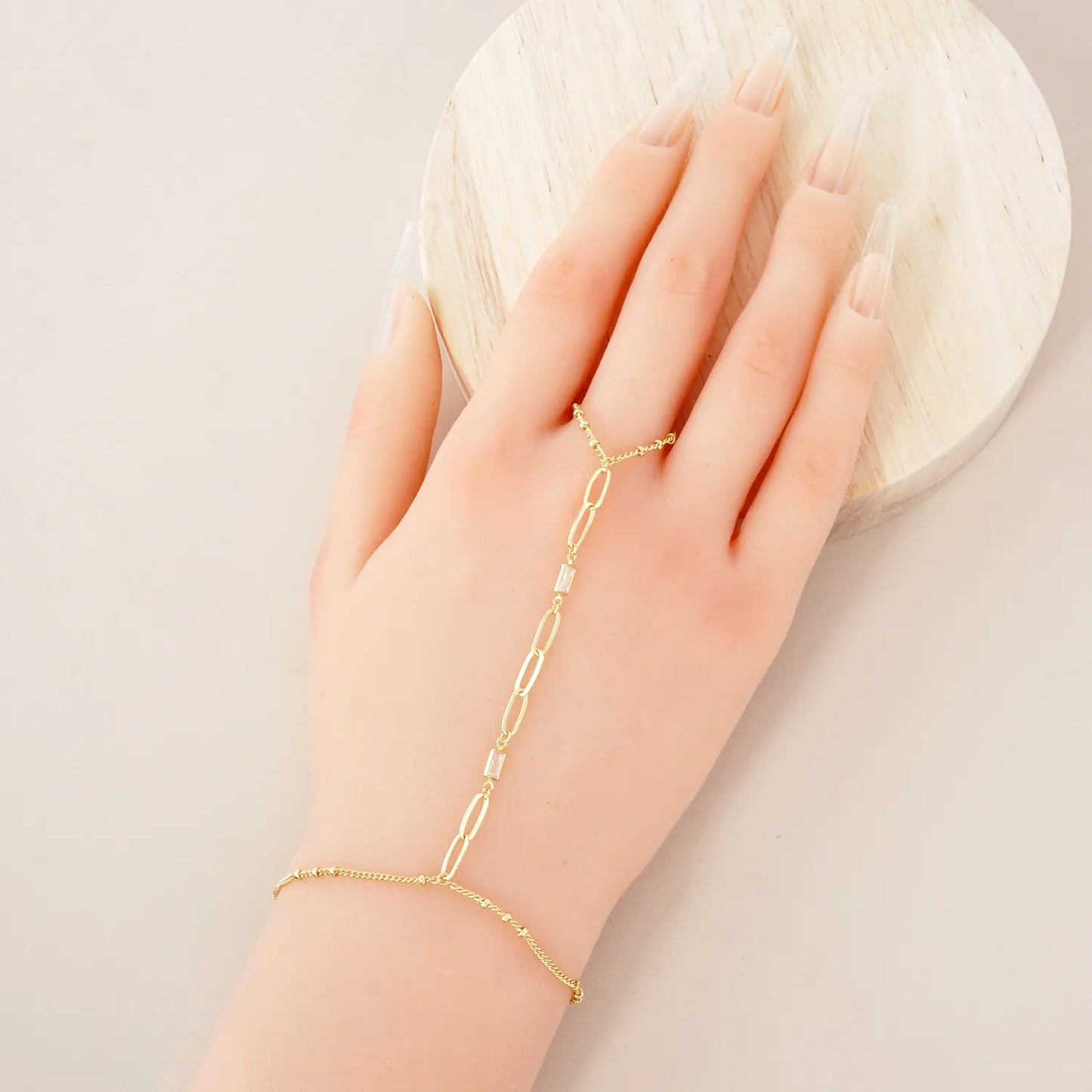 Rectangle CZ Accent 9mm Link Chain 18K-Gold-Dipped Delicate Brass Hand-Chain Bracelet