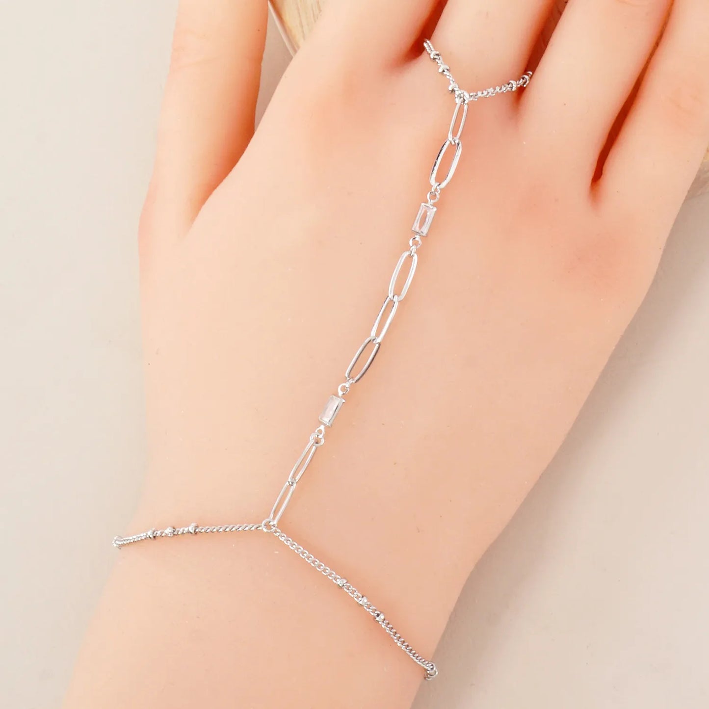 Rectangle CZ Accent 9mm Link Chain 18K-Gold-Dipped Delicate Brass Hand-Chain Bracelet