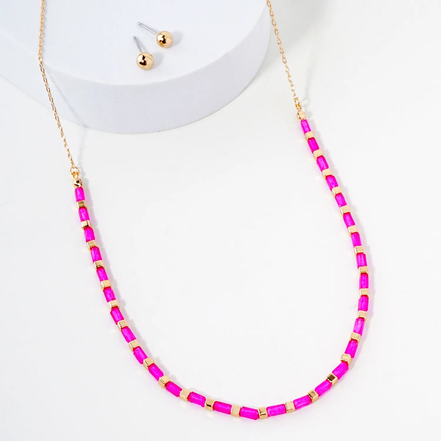 Rectangle Colored Resin Metallic Beaded Chain 16-Inch Necklace Set