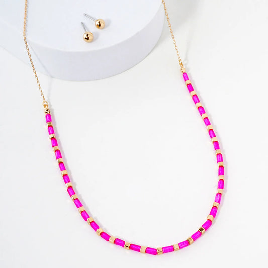 Rectangle Colored Resin Metallic Beaded Chain 16-Inch Necklace Set