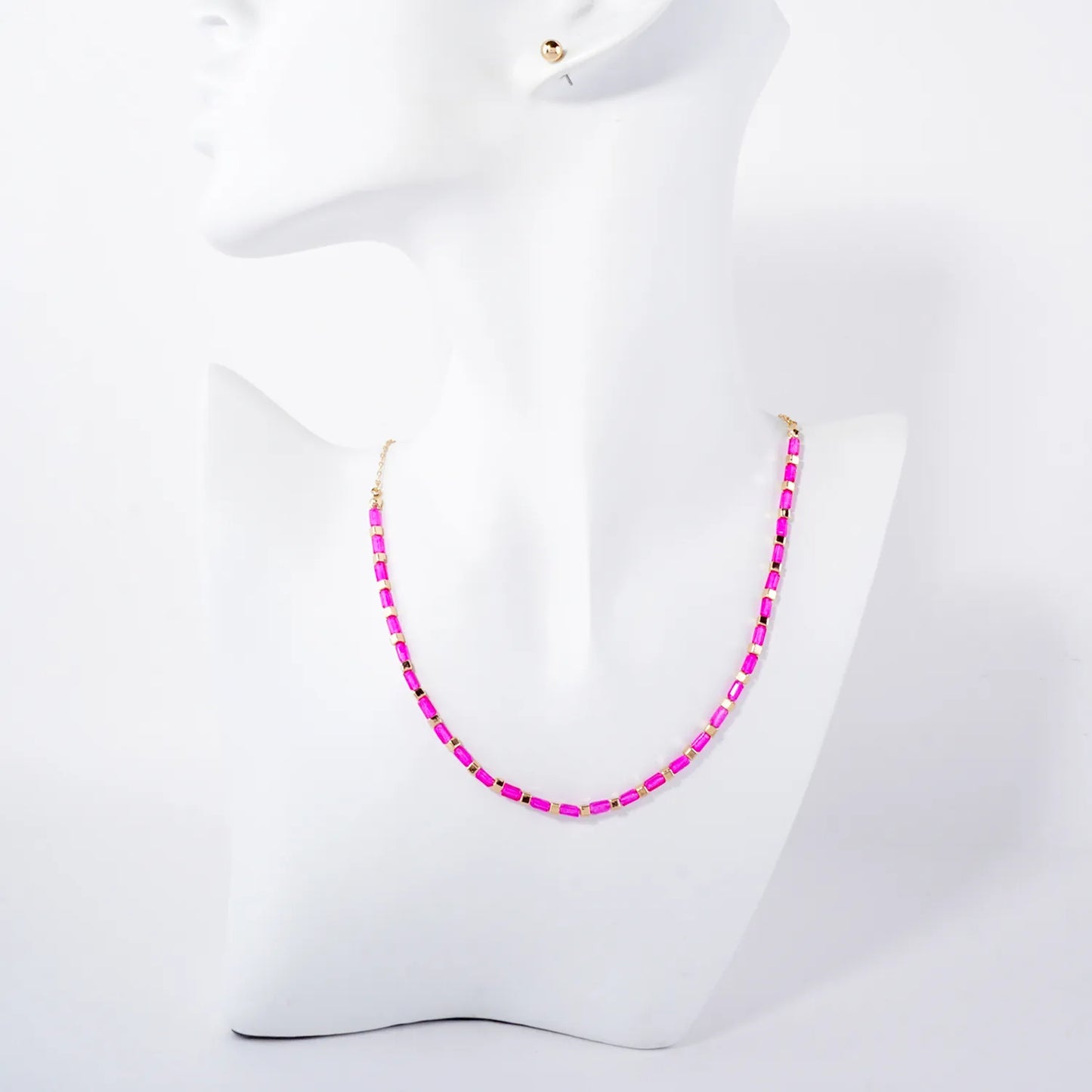 Rectangle Colored Resin Metallic Beaded Chain 16-Inch Necklace Set