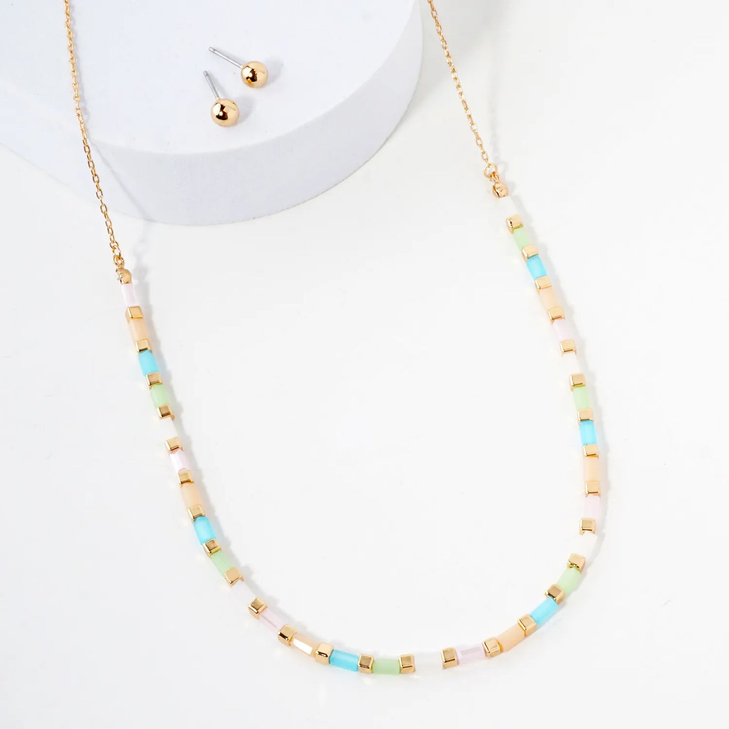 Rectangle Colored Resin Metallic Beaded Chain 16-Inch Necklace Set