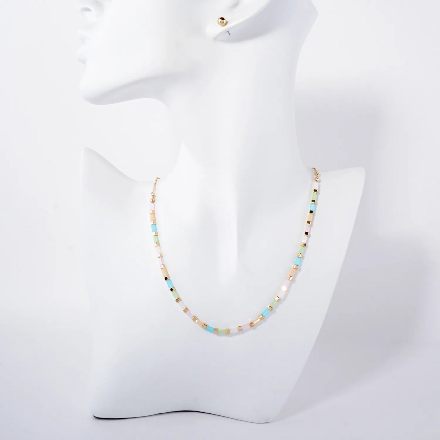 Rectangle Colored Resin Metallic Beaded Chain 16-Inch Necklace Set