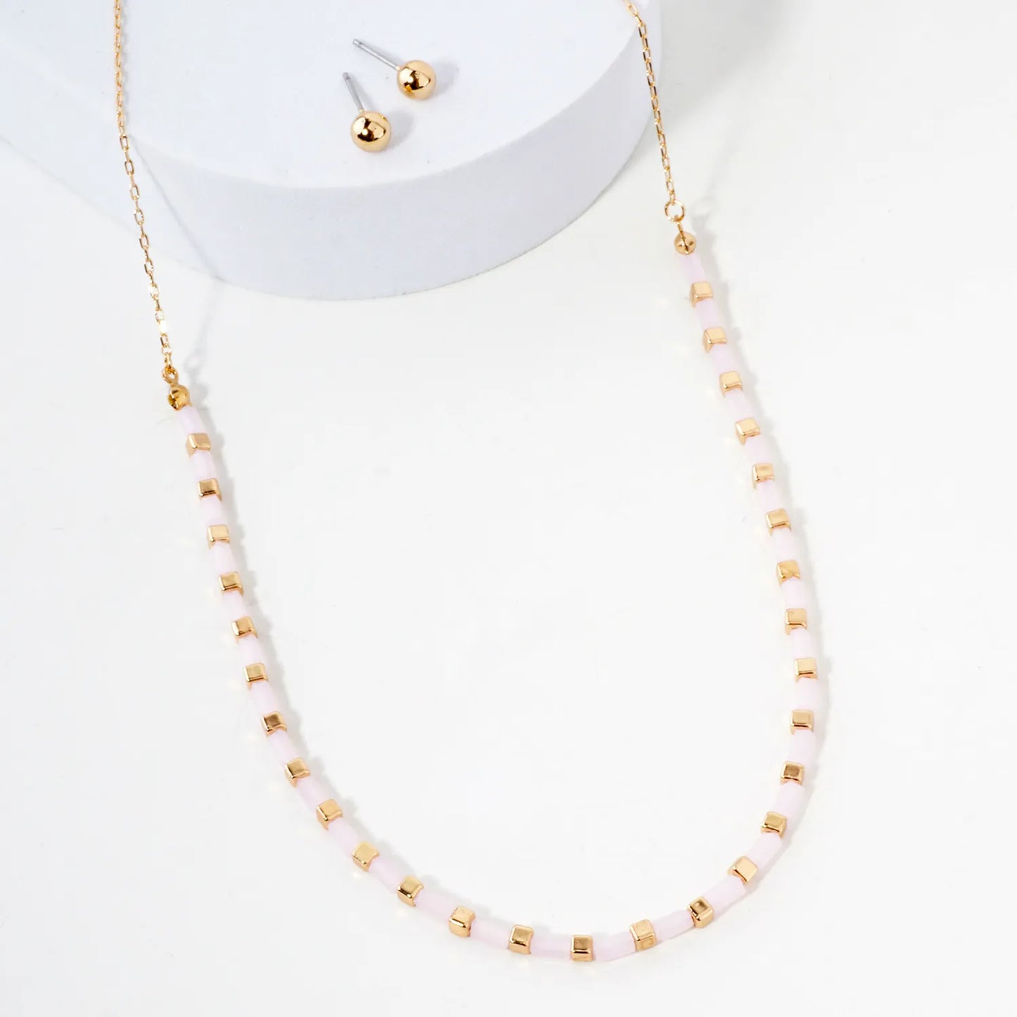 Rectangle Colored Resin Metallic Beaded Chain 16-Inch Necklace Set