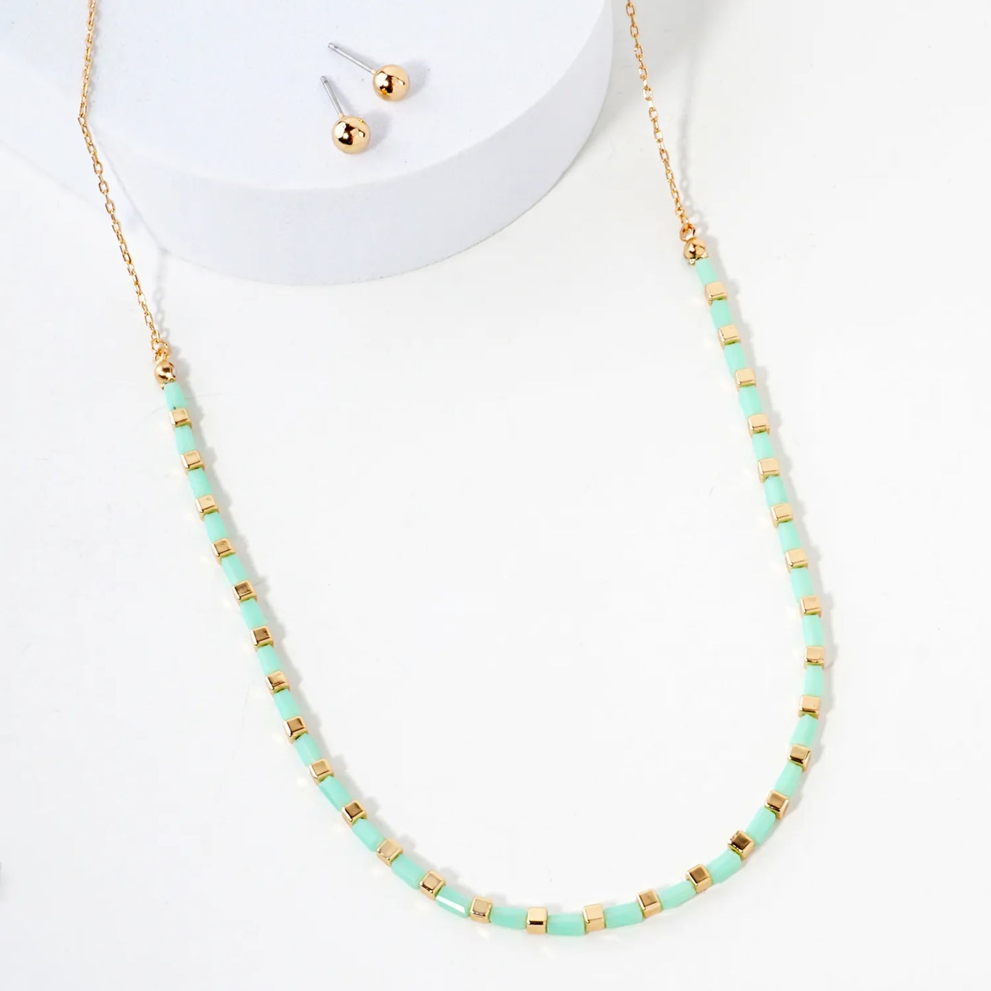 Rectangle Colored Resin Metallic Beaded Chain 16-Inch Necklace Set