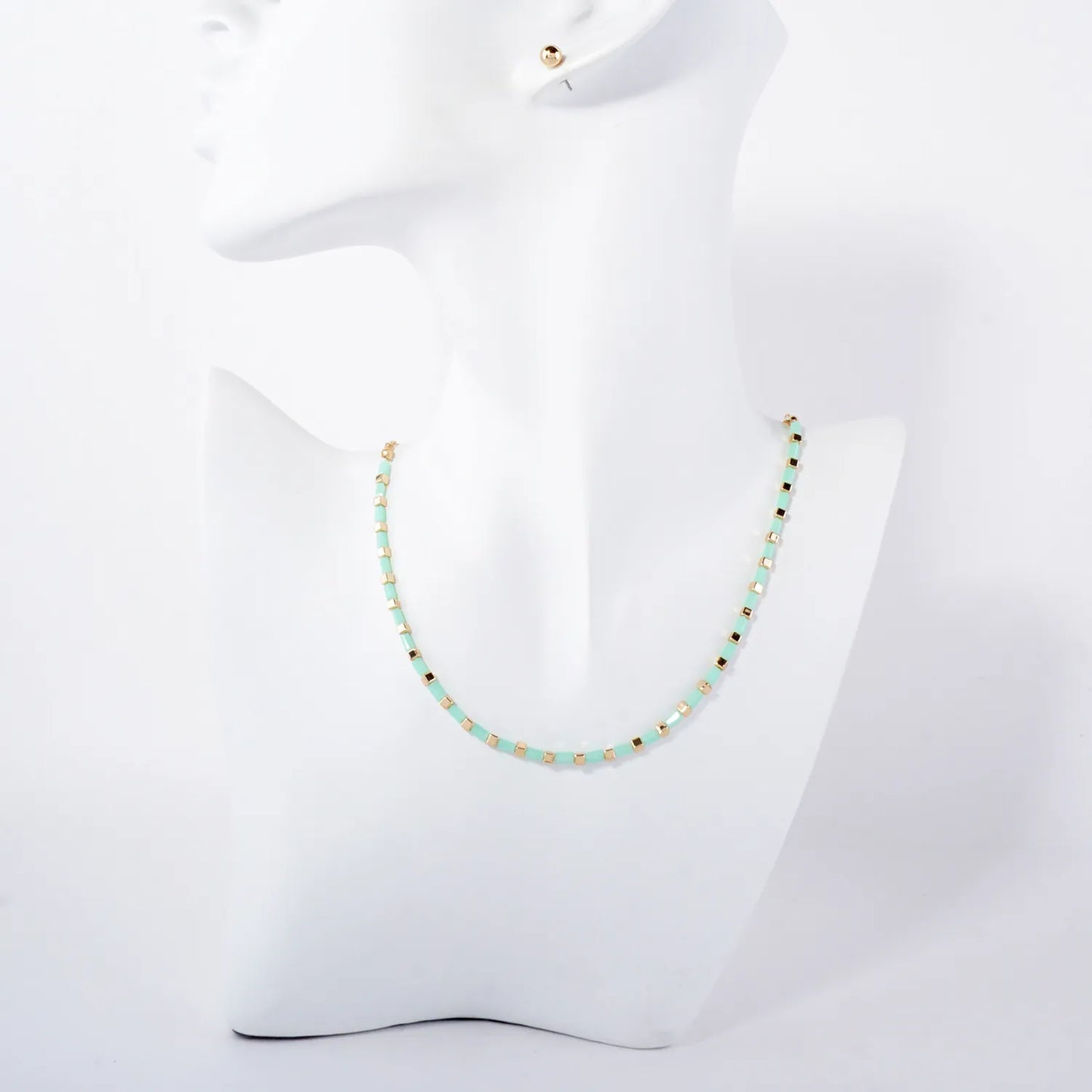 Rectangle Colored Resin Metallic Beaded Chain 16-Inch Necklace Set