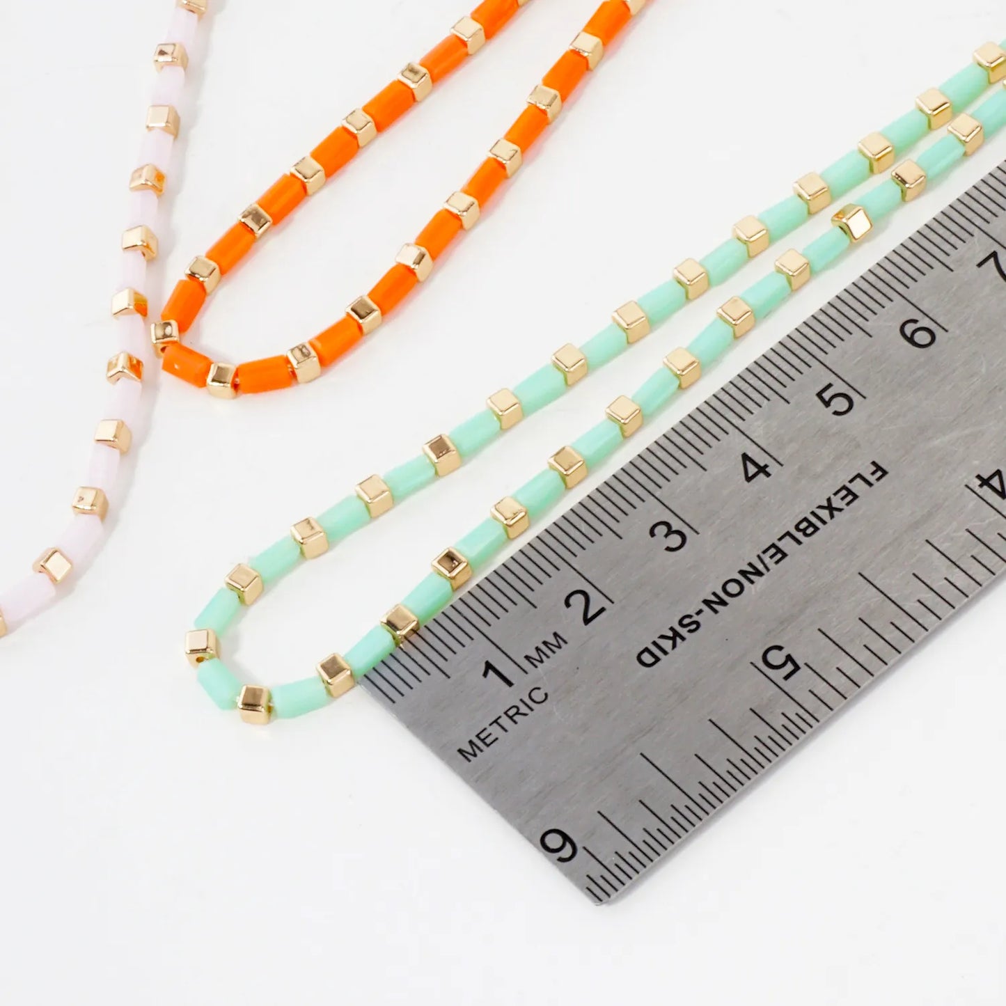 Rectangle Colored Resin Metallic Beaded Chain 16-Inch Necklace Set