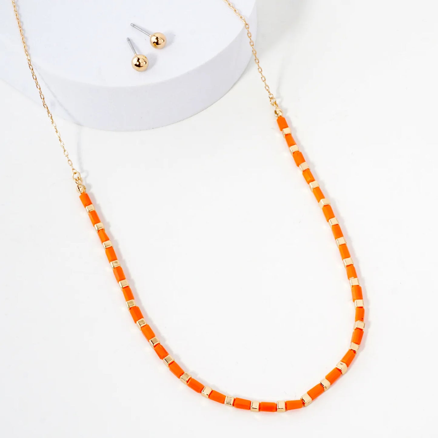 Rectangle Colored Resin Metallic Beaded Chain 16-Inch Necklace Set